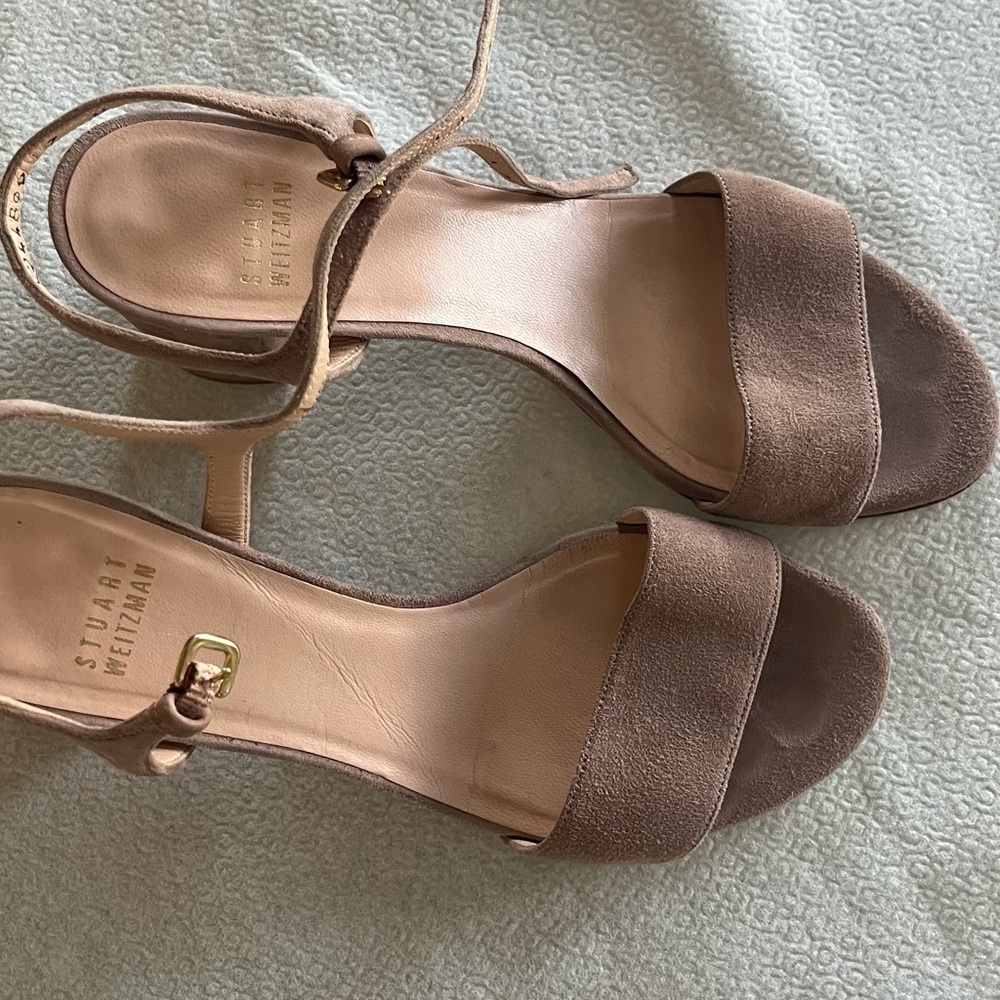 Stuart Weiztman Adobe suede block heel sandals, size 7 M.